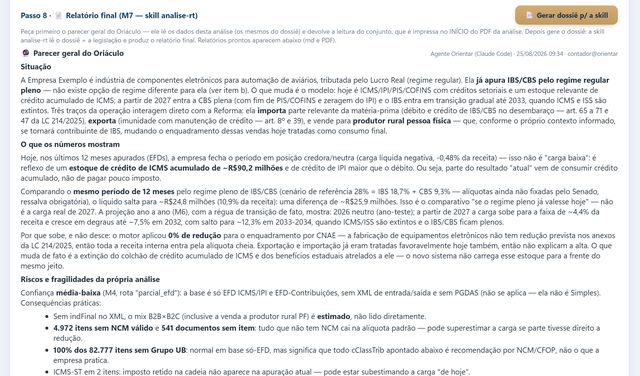 Passo 8: parecer geral do Oriáculo sobre a análise
