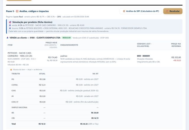 Análise por produto: venda ao cliente, enquadramento, códigos e preço na Reforma